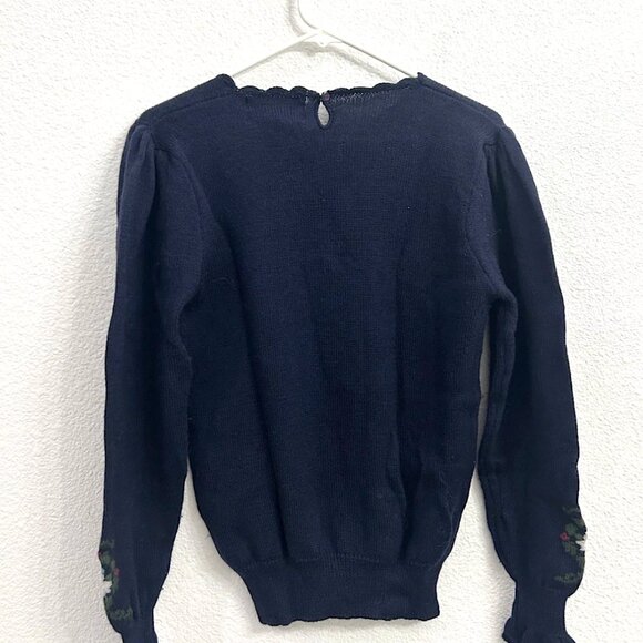 CottageCore! Vintage Wool Sweater with Floral Motif, Navy Embroidered, Small - Picture 5 of 9